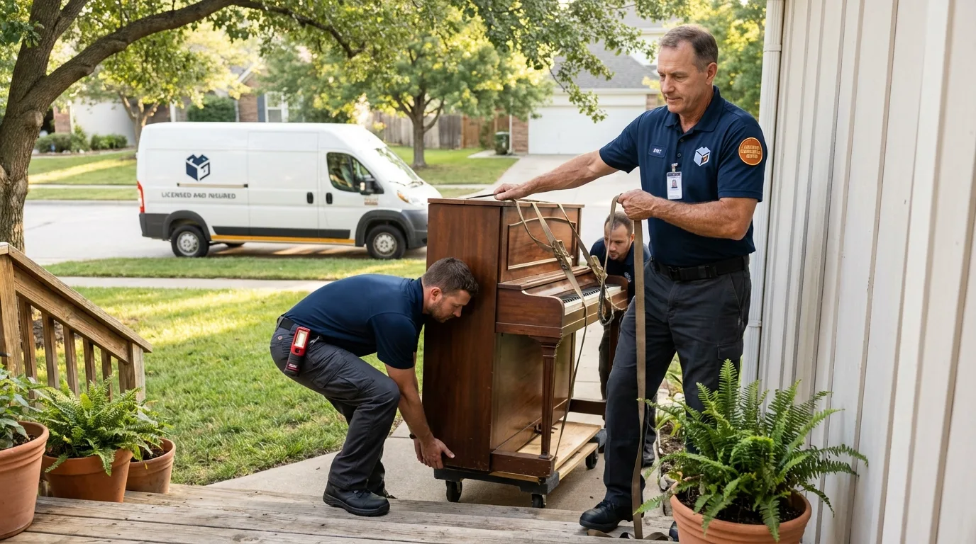 Licensed piano movers securing grand piano in Walnut Creek, CA