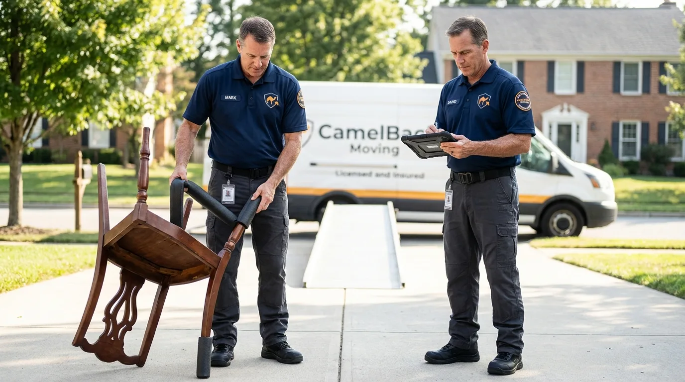 Movers inspecting furniture for damage prevention before loading in Walnut Creek, CA