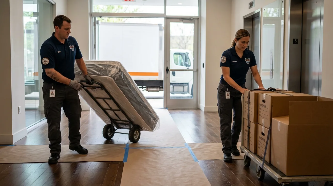 Professional apartment movers loading elevator in Walnut Creek, CA
