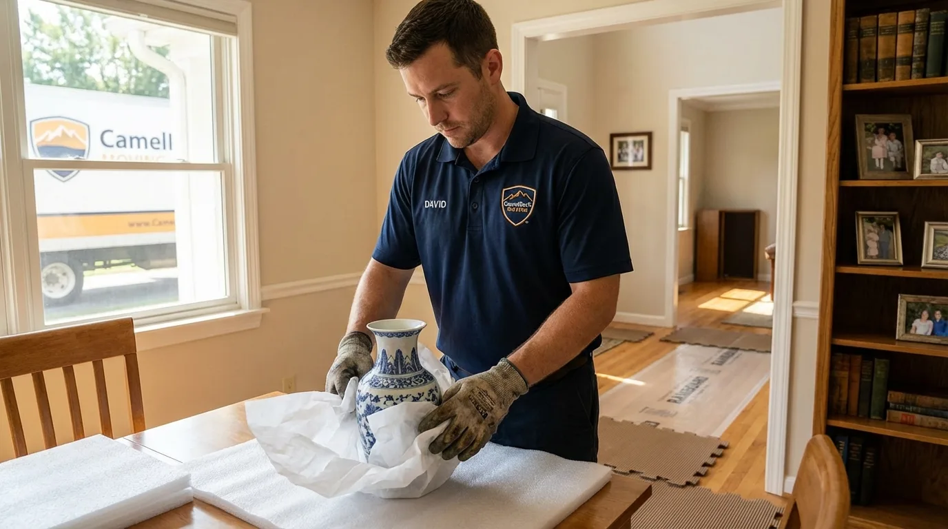Professional crew carefully wrapping antique vase for senior downsizing move in Walnut Creek, CA